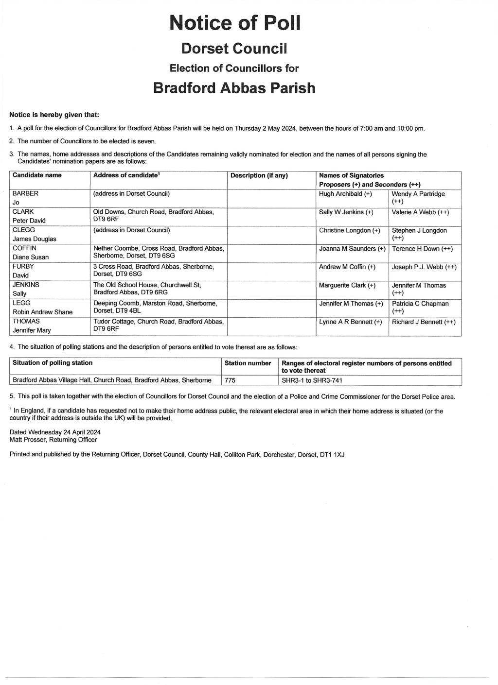 Notice of those nominated for Bradford Abbas Parish Council elections 2024